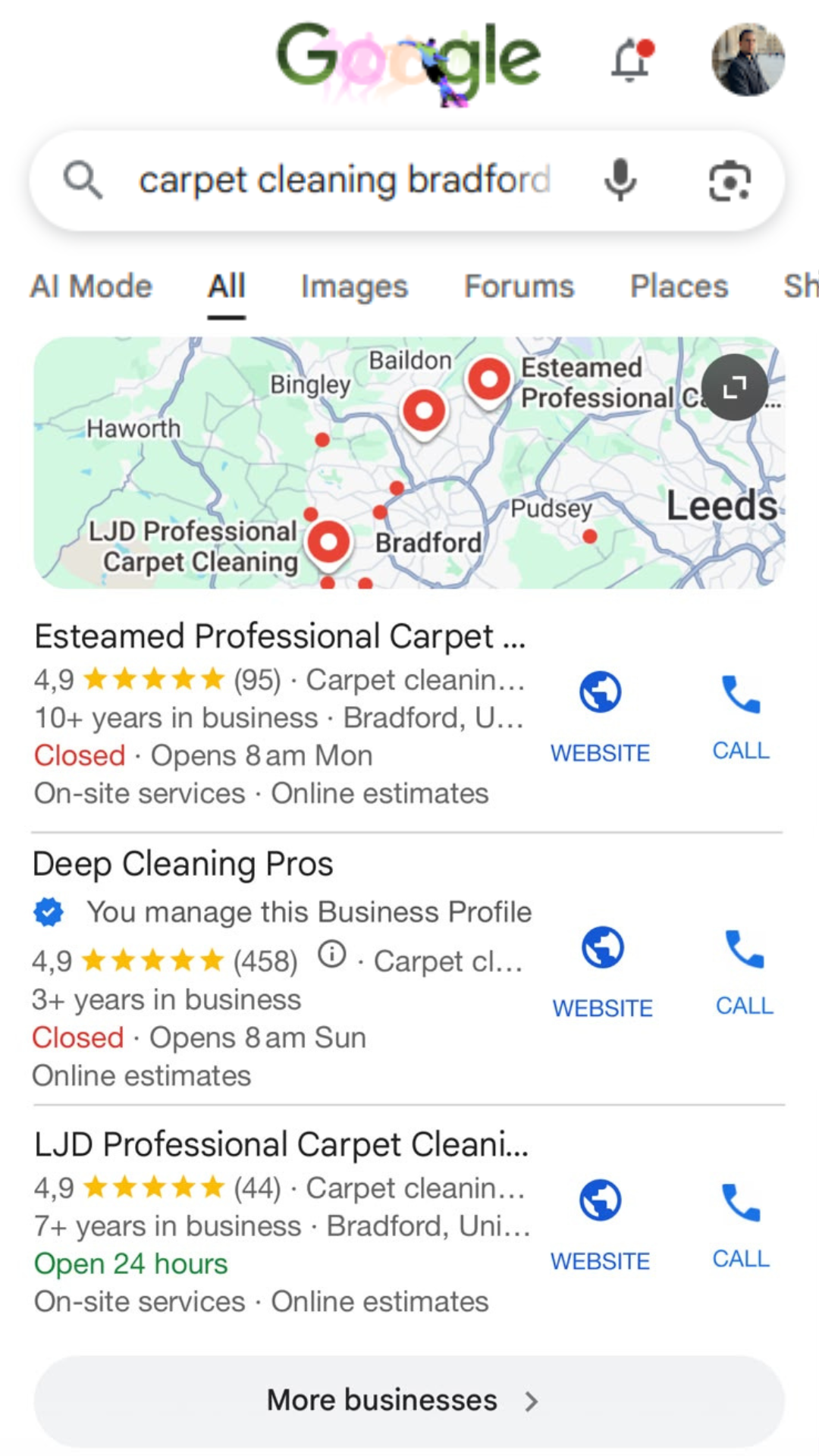 Top Google ranking for carpet cleaning Bradford